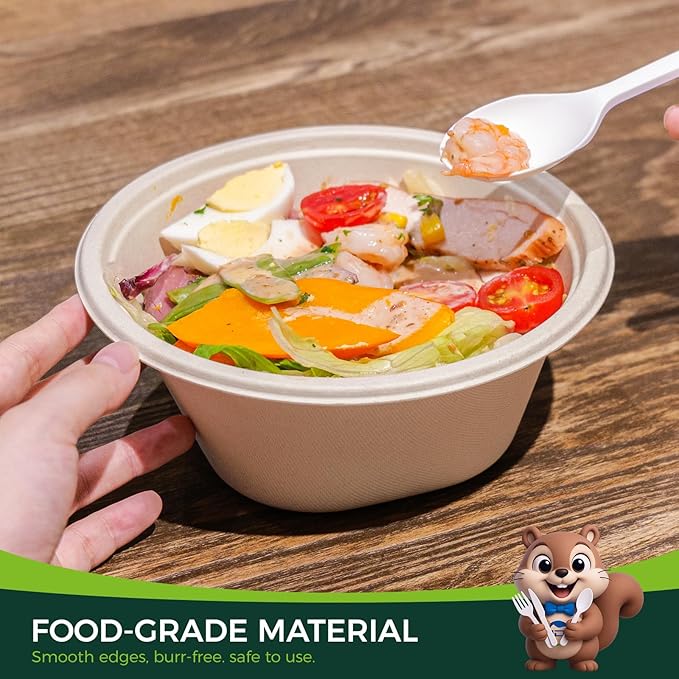 24 OZ Heavy Duty Disposable Bowls - Eco-friendly Sugarcane Bagasse - Biodegradable and Compostable - Ideal for Cereal, Rice, French Fries [100 Pack]
