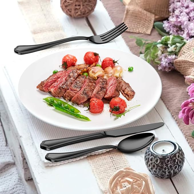 Herogo 20-Piece Black Silverware Set with Scalloped Edge, Stainless Steel Flatware Cutlery Set for 4, Modern Tableware Eating Utensils, Dishwasher Safe, Mirror Polished