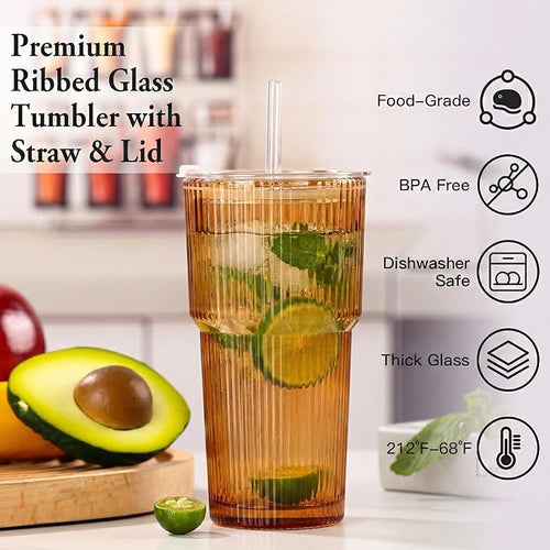 6PCS Ribbed Glass Cups with Lids and Straws, 20oz Vintage Drinking Glasses, Aesthetic Iced Coffee Cups, Glass Tumbler for Boba, Beer, Tea, Cocktails, Ribbed Glassware Set (Colored-6)