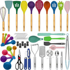 Kaluns 50 PCS Silicone Kitchen Utensils Set Complete Kitchen Set - 800°F Heat Resistant Non-Stick Premium Cooking Utensils W Wooden Handles - Can Opener, Masher, Turner, Silicone Spatula Set