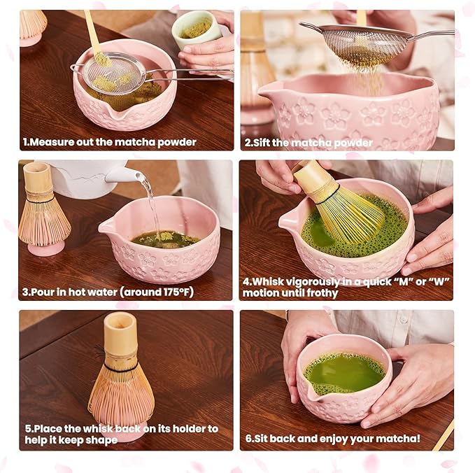 Matcha Whisk Set, Sakura Blue Ceramic Matcha Set Includes Matcha Bowl, Matcha Whisk (Chasen) and Holder, Sifter, Bamboo Scoop & Spoon - 6 Pcs Matcha Kit for Matcha Lovers