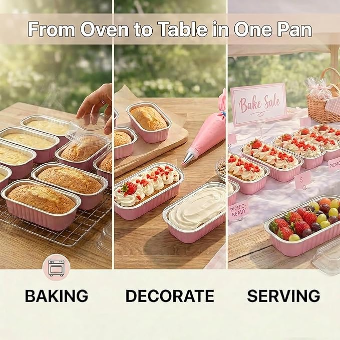 25 Pack Mini Loaf Pans with Lids and Spoons Sealing Sticker, 6.8oz Mini Cake Pans for Baking, Disposable Aluminum Foil Loaf Pans, Pink Loaf Baking Pans, Small Cake Containers With Lids