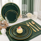 WDF Partyware 350PCS Green and Gold Plates - Green Plastic Plates 50Guests Plastic Plate with Rolled Napkins for Party/Birthday