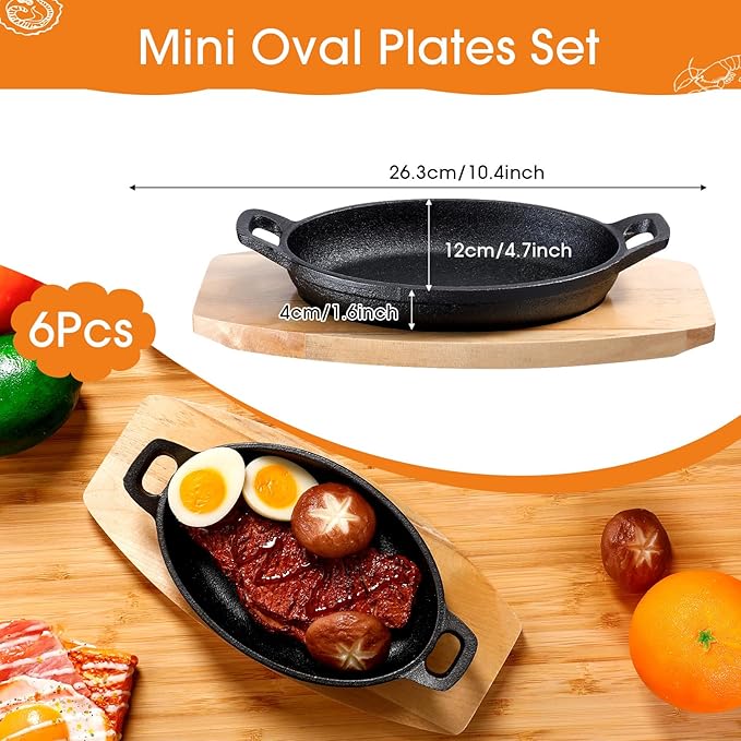 Mifoci 6 Pcs Mini Cast Iron Skillet with Wooden Base Small Cast Iron Fajita Plates Baker's Skillet Matte Black Pan Pot for Kitchen Restaurant Barbecue Dinner (8.7 x 4.7 x 1.6 Inches)