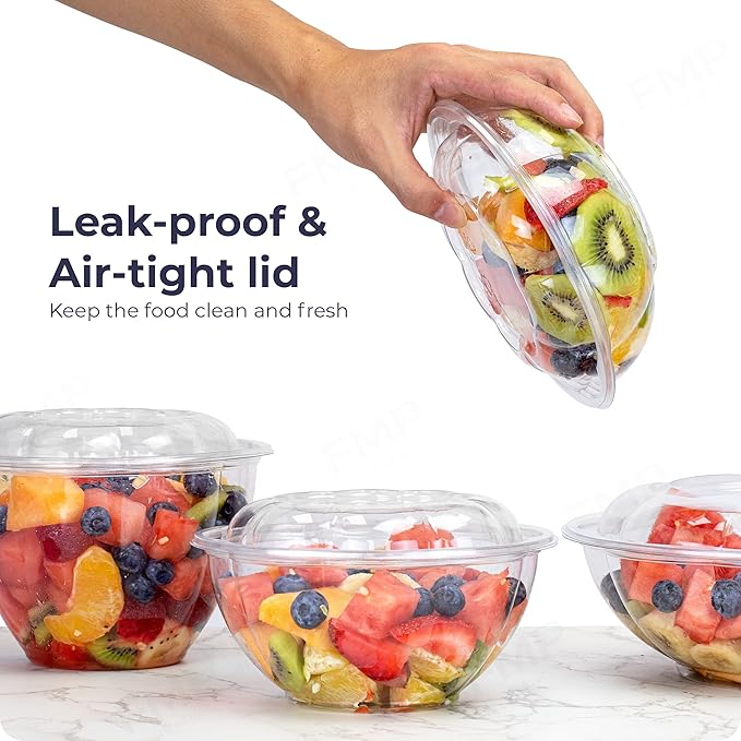 Fit Meal Prep 150 Pack 24 oz Disposable Plastic Clear Salad Bowls with Airtight Lids - To Go for Lunch, Takeout, Party, Catering, Picnic
