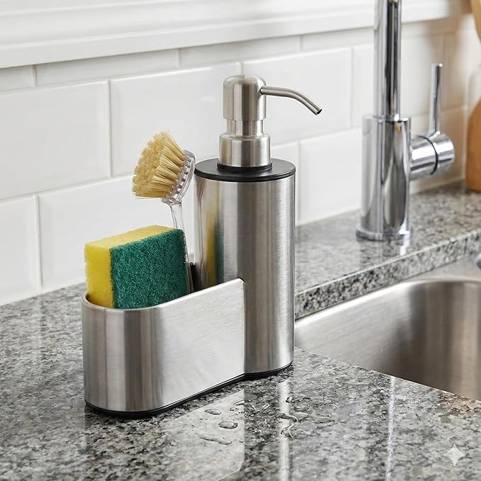 Kitchen Soap Dispenser with Sponge Holder, 12 oz Dish Soap Dispenser for Kitchen Sink Countertop, Stainless Steel Pump, Organizer Holder with Storage for Bathroom