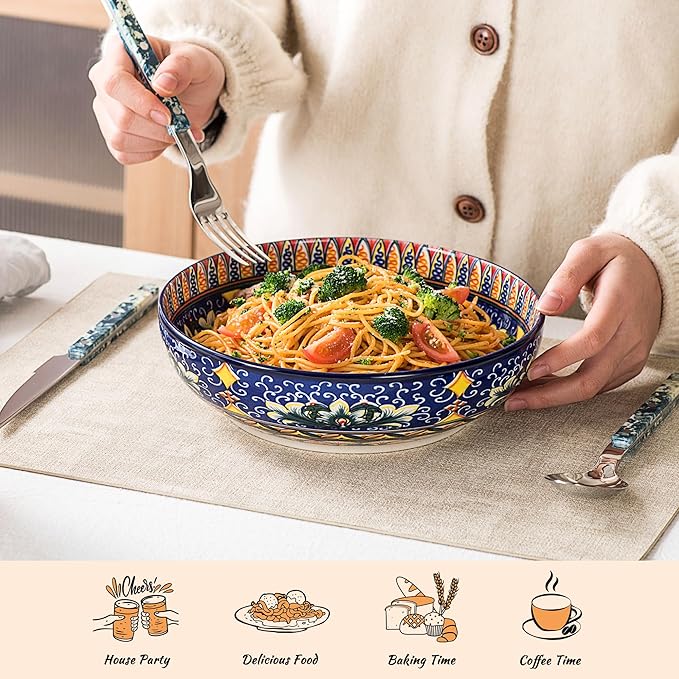 Henten Home Porcelain Pasta Bowls Set of 2, Ceramic 50 oz Soup Bowl, Colorful Large Salad Bowls, Bohemia Style Serving Bowls Set for Noodles, Microwave & Dishwasher Safe (B)
