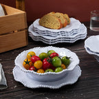 White Beaded Melamine Dinnerware Set, 18 piece Dishwasher Safe Plates and Bowls for Dining, Parties, Camping Dish Set