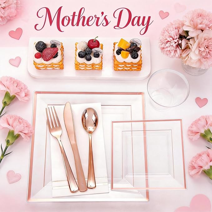 Festiva 350Pcs Rose Gold Plastic Plates - Clear Rose Gold Disposable Dinnerware Sets for 50Guests include 100 Plates 50 Cups 50Plastic Cutlery 50Napkins for Party&Wedding& Mother's Day