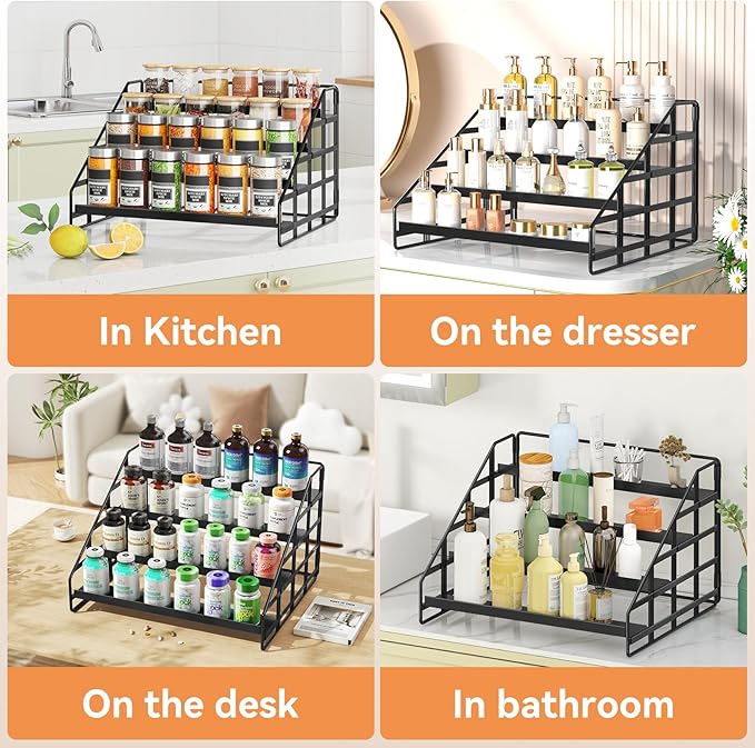 Spice Rack 4 Tier Kitchen Cabinet Organizer,Countertop Spice Rack,Tier Depth Adjustable Cabinet Shelf,Step Spice Organization Easy Visibility,Holds Seasoning and Condiments 2Pack