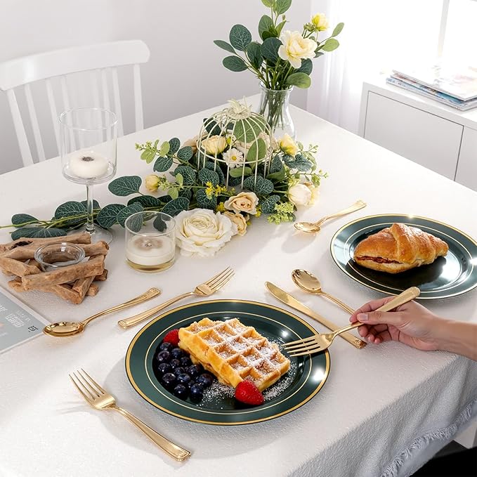 WDF Partyware 175PCS Green Plastic Plates - Green and Gold Disposable Plates 25Guests Plastic Plates with Rolled Napkins for Birthday/Party/Wedding