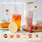 Glass Cups with Lids and Straws 40 oz Glass Tumbler with Straw and Lid 2 Pack Glass Tumbler with Handle Wide Mouth Iced Coffee Cups for Smoothies, Soda, Tea, with Bamboo Lids