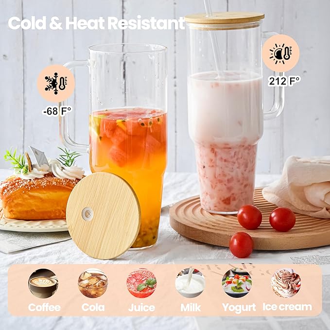 Glass Cups with Lids and Straws 40 oz Glass Tumbler with Straw and Lid 2 Pack Glass Tumbler with Handle Wide Mouth Iced Coffee Cups for Smoothies, Soda, Tea, with Bamboo Lids