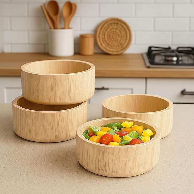 Woodard & Charles Set of 4 Wood Individual Salad Bowls, Snack Serving Bowls, 6 1/2" x 2 1/2"
