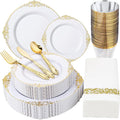 Morejoy 175PCS White and Gold Plastic Plates - Gold Plastic Dinnerware Set Include 25Dinner Plates, 25Dessert Plates 75Cutlery, 25Cups, 25Napkin Perfect for Party & Wedding