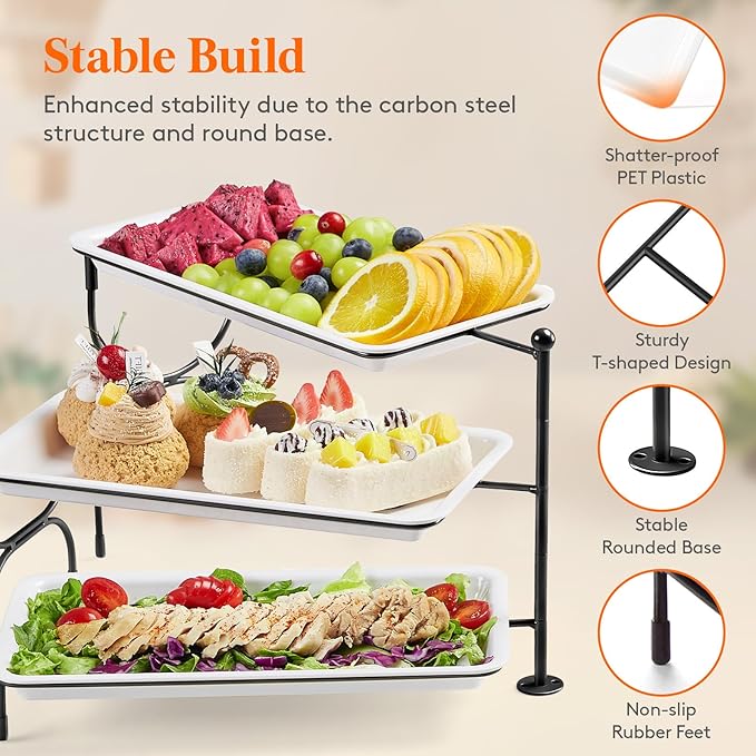 Lifewit 3 Tier Serving Tray, 30 x 17 cm/12 x 6.5 White Plastic Tiered Food Serving Platters, Rotating Tiered Tray Stand for Party with Black Collapsible Metal Stand, Dessert Table Stands for Cookies