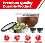 18/8 Stainless Steel Salad Bowl Kit - 74oz, Mixing Bowls with Lids Set, Teakwood - Comes with 1.7oz Condiment Container and Removable Tray for Organization - Leak-Proof, Dishwasher Safe (Wood)