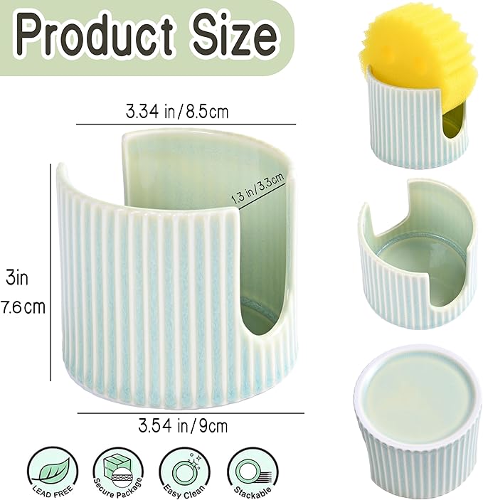 Ceramic Sponge Holder for Kitchen Sink, Quick Dry Sink Caddy Organizer with Non-Slip Base, Farmhouse Sponge and Brush Holder for Countertop, Bathroom or Kitchen, Vintage Green