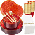 DaYammi 175PCS Clear Red Plastic Dinnerware Set, Hammered Disposable Plates for Mother's Day Party, Include: 25 Dinner Plates 25 Dessert Plates 75 Gold Silverware 25 Napkins 25 Cups for Wedding