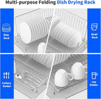 Dish Drying Rack Stainless Steel Collapsible Foldable Small Dish Rack Countertop Portable Drainer with Drying Mat for Kitchen Dorm RV Campers Travel Trailer Space Saving