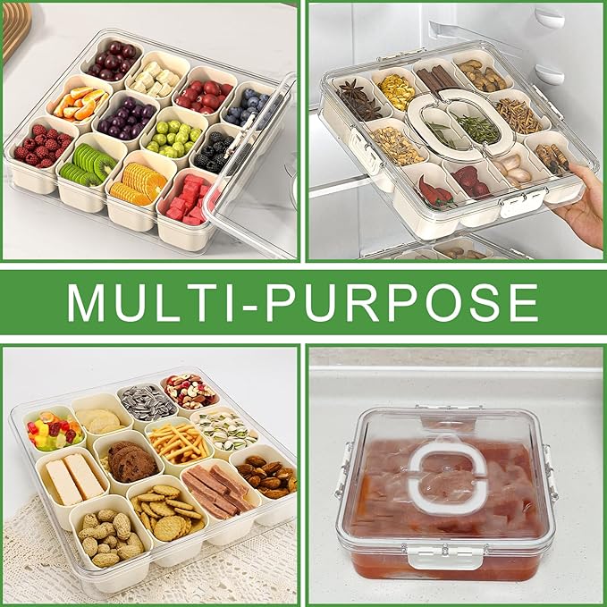 2Pcs Snackle Box Container, Divided Serving Tray with Lid and Handle, Snack Box Container Food Platter Charcuterie for Party, Veggies, Snack, Fruit, Nuts, Entertaining, Picnic, LARGER SIZE