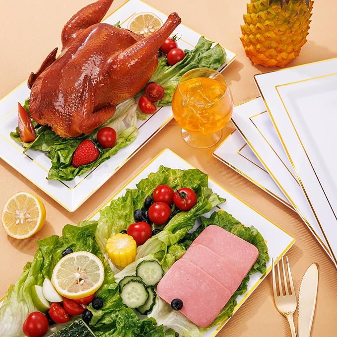 I00000 6 Pack Plastic Serving Trays, Gold Rim Disposable Serving Trays, Gold Disposable Serving Platter for Food Party Serving Platters and Plastic Trays 13.97x8.46 inches