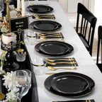 NOCCUR 350PCS Black and Gold Plastic Plates - Black Disposable Dinnerware Set for 50 Guests, 100 Dinner/Dessert Plates, 150 Gold Silverware, 50 Cups&50 Napkins for Party/Birthday/Graduation