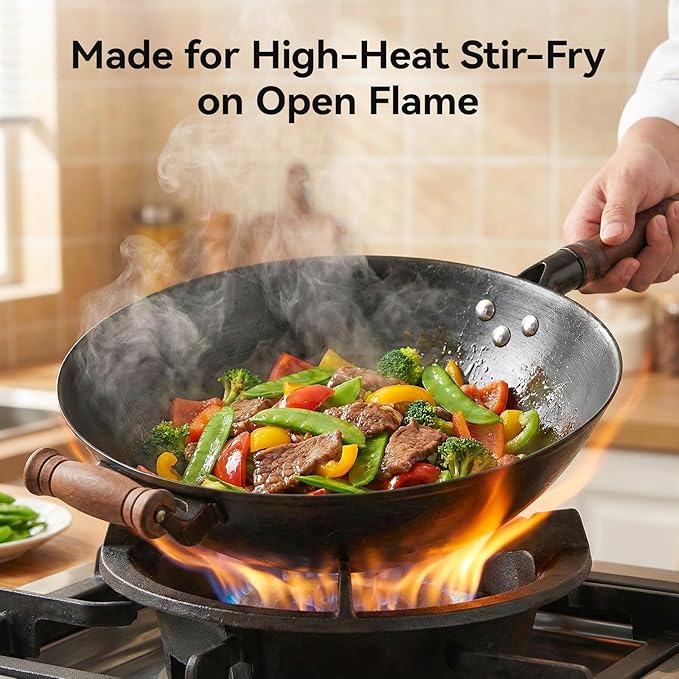 WANGYUANJI 14.17” Cast Iron Wok with Glass Lid – Traditional Round Bottom Chinese Wok for Gas Stove & Open Flame (Wok Ring Required) – Uncoated Clay-Mold “Turtle Shell” Texture – Seasoning Needed