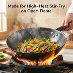 WANGYUANJI 14.17” Cast Iron Wok with Glass Lid – Traditional Round Bottom Chinese Wok for Gas Stove & Open Flame (Wok Ring Required) – Uncoated Clay-Mold “Turtle Shell” Texture – Seasoning Needed