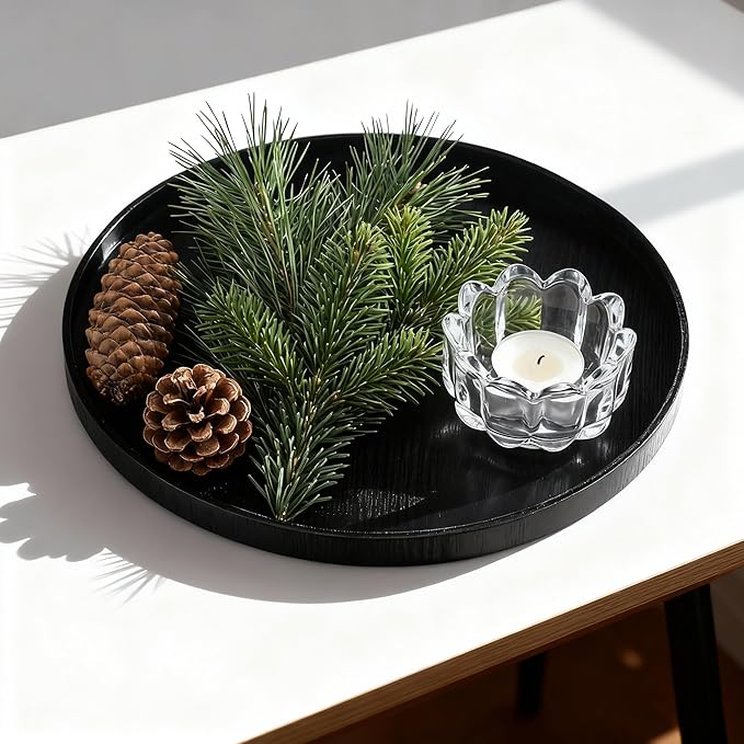 Round Trays Home Decor, 11.8" Large Round Wood Tray for Ottoman, Large Tray for Ottoman Coffee Table Candle Holder, Wooden Serving Decorative Trays for Home Kitchen