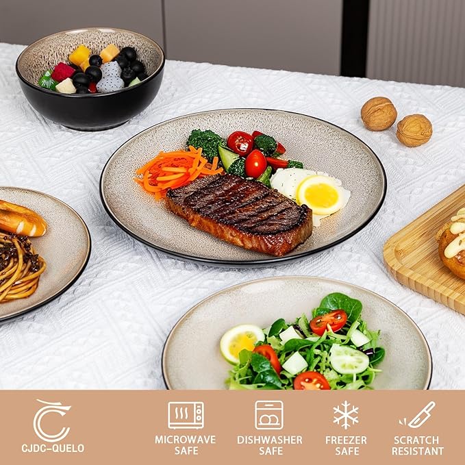 Plates and Bowls Sets for 4 - CJDC-QUELO 12-Piece Stoneware Dinnerware Sets, Ceramic Dishware Set for Kitchen Use and Formal Dining, Chip and Scratch Resistant Microwave Dishwasher Safe, Brown