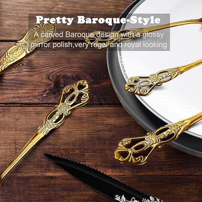 Runfly Retro Royal Gold 48 Pieces Flatware Set, Gorgeous Golden Silverware Set For 8, Anti-rust Stainless Steel dark Cutlery Set Utensils Including Fork Spoon and Knife