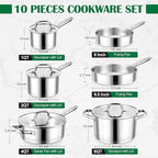 E-far 10-Piece Stainless Steel Cookware Set, Induction Pots and Pans Set with Tri-Ply Base, Non-toxic Kitchen Cooking Set w/Frying Pan, Saucepan, Saute Pan, Stockpot with Lids, Oven & Dishwasher Safe