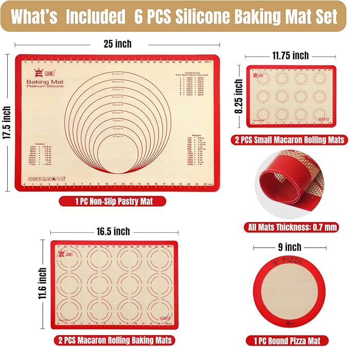 Silicone Baking Mat Set of 6, GUANCI Grade Food Baking mats Non-Stick Reusable Pizza Bakeware Mat for Making Macaroon, Pizza, Cookie, Pastry, Bread, Bun（Red）