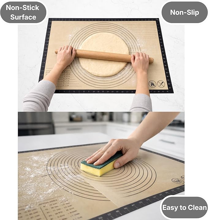 Silicone Pastry Mat with Measurements, 28 x 20 Inch Extra Thick Non-Slip Nonstick XL Baking Mat for Dough Rolling, Kneading, Fondant and Pie, Gray
