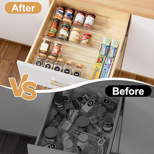 4-Pack Adjustable Spice Rack Organizer for Drawer, Expandable Seasoning Storage (13" to 26") with Anti-Slip Mat, Acrylic Tiered Spice Tray for Condiment, Nail Polish and Jar Organization