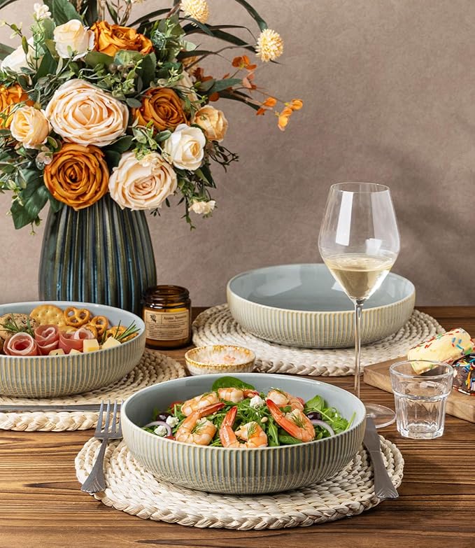 theterra 8.5'' Ceramic Pasta Bowls, Salad Bowls Set of 4, Stoneware Serving Bowls for Fruits, Noodle, Dinner, House-warming Wedding Present, Desert Sage