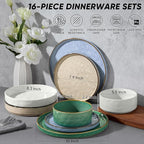 E-far 16-Piece Plates and Bowls Sets with Pasta Bowls - Stoneware Dinnerware Set for 4, Modern Ribbed Dishes, Microwave & Dishwasher Safe, Multicolor