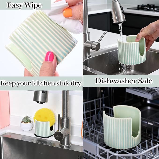 Ceramic Sponge Holder for Kitchen Sink, Sink Caddy Organizer,Dish Sponge Holder for Bathroom, Kitchen,Sink,Farmhouse Kitchen soap Holder and Sink Accessories for countertop,(vingreen)