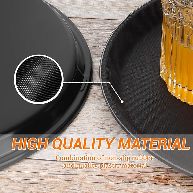 Mwellewm 6 Pieces Restaurant Serving Tray, Non Slip Surface Round Tray Plastic Food Meals Server with Raised Edges for Home, Kitchen, Restaurant, Cafeteria, Bar, Hotel (Black, 6 Pcs 11 Inch)