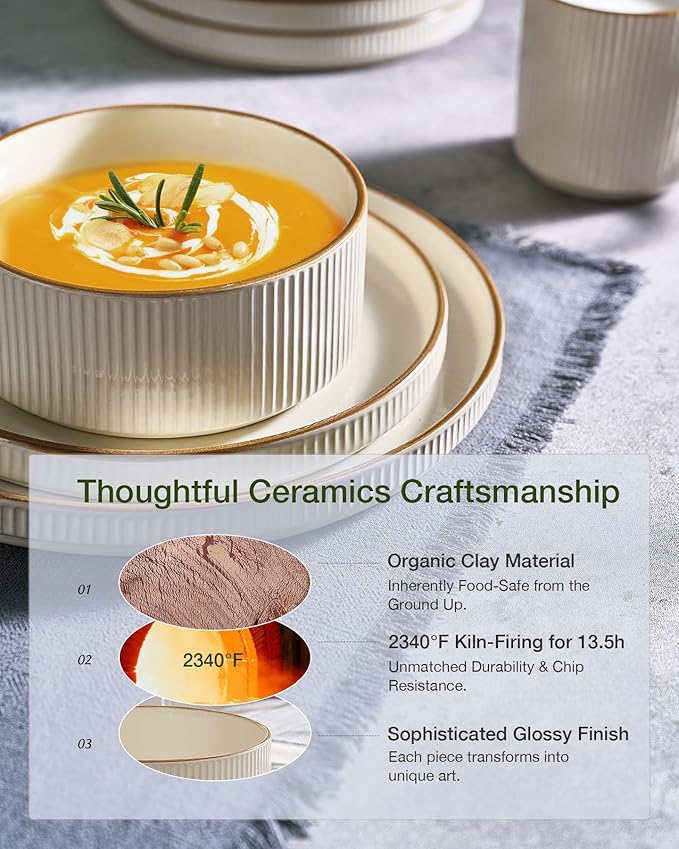 Famiware Star 12-Piece Stoneware Dinnerware Sets with Trim, Service for 4, Ceramic Plates and Bowls Set, Modern Rustic Dishes, Everyday/Formal, Chip/Scratch Resistant, Microwave/Dishwasher Safe, Cream