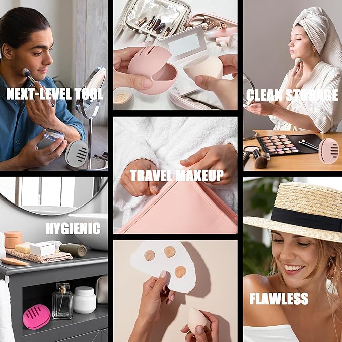Fauxomor Makeup Sponge Holder,Double-sided 5-line Vented Silicone Beauty Make Up Blender Case for Travel,Shatterproof Make-Up Sponge Travel Case for All Sponges Reuse Easy Carry,Pink