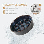 Havniva Ceramic 1.2 Cup Raised Slow Feeder Dog Bowl Set, Elevated 6.1inch Bowl and 7.3inch Slow Feeder Dish with Acacia Wood Stand for Small and Medium Dogs (2 x Starry Sky+ Stand)