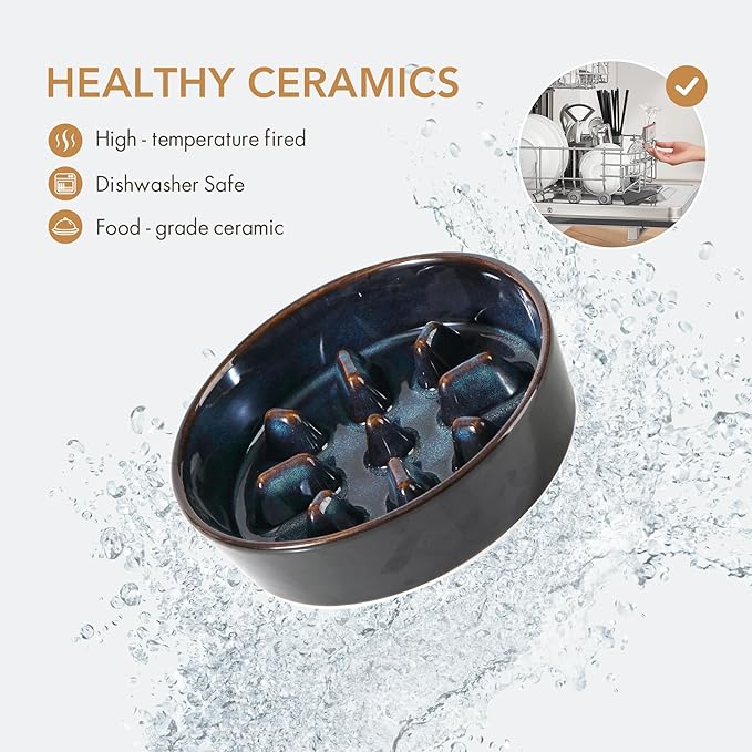 Havniva Ceramic 0.9 Cup Raised Slow Feeder Dog Food and Water Bowl Set, Elevated 6.1inch Bowl and 6.1inch Dish with Acacia Wood Stand for Small Dogs (2 x Starry Sky+ Stand)