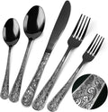 Black Silverware Set, 30 Pieces Vintage Carved Flatware Set for 6, Stainless Steel Cutlery Set with Knife/Fork/Spoon,Utensil Set for Home and Kitchen, Dishwasher Safe