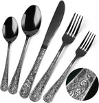 Black Silverware Set, 30 Pieces Vintage Carved Flatware Set for 6, Stainless Steel Cutlery Set with Knife/Fork/Spoon,Utensil Set for Home and Kitchen, Dishwasher Safe