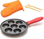 KUHA Cast Iron Aebleskiver Pan | Pre-Seasoned Pan for Authentic Danish Pancake Making, Poffertjes, Takoyaki, Appam & Paniyaram | Silicone Handle, Oven Mitt & Bamboo Skewers Included | 7.9" Diameter