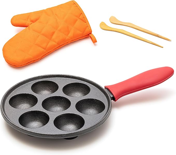 KUHA Cast Iron Aebleskiver Pan | Pre-Seasoned Pan for Authentic Danish Pancake Making, Poffertjes, Takoyaki, Appam & Paniyaram | Silicone Handle, Oven Mitt & Bamboo Skewers Included | 7.9" Diameter