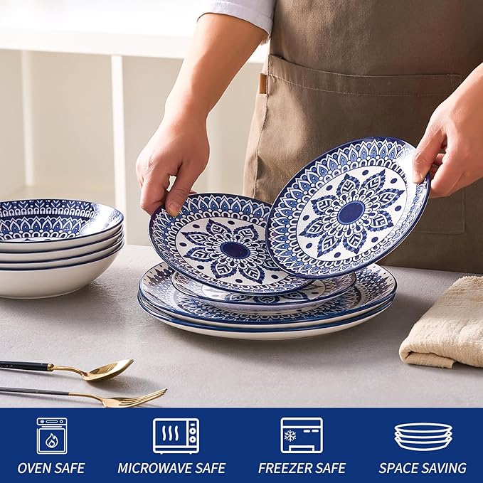 Bestone 12 Piece Round Kitchen Dinnerware Sets,Plates and Bowls sets,Dishes, Plates, Bowls, Dish Set，Plates and Bowls,Service for 4, Chip Resistant Porcelain ， Blue