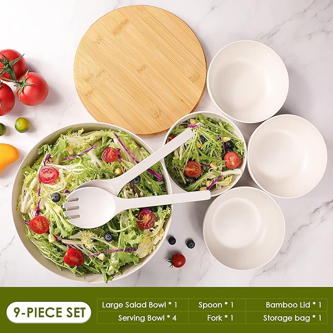 ECOWAY Bamboo Fiber Salad Bowl with Lid,Salad Maxing Bowl with Bamboo Lid and Utensils for Camping,Melamine Salad Bowls with 4 Serving Bowls,Spoon,Fork for Pasta and Fruits,(White,9.8inches)